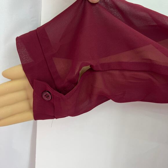 Shein (L) Burgundy Red Sheer Button Back RollTab Long Sleeve Blouse Top - Picture 7 of 10